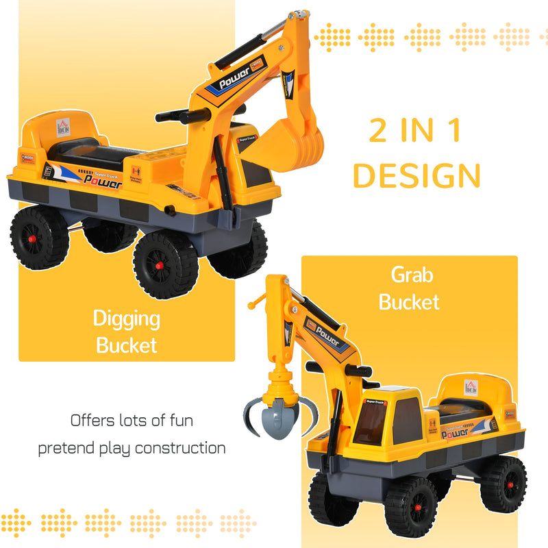 HOMCOM No Power Construction Ride on Excavator Digger Multi-functional Bulldozer Toy Detachable Digging Bucket and Music for Ages 2-3 Years Old Yellow