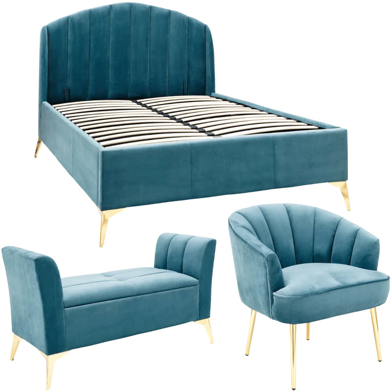 Pettine 3 Piece Bedroom Set in Teal - Lift Up Bed, Chair & Storage Ottoman