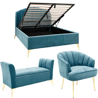 Pettine 3 Piece Bedroom Set in Teal - Lift Up Bed, Chair & Storage Ottoman