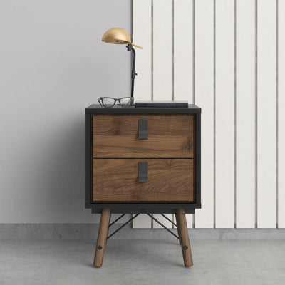 Ry Bedside Cabinet 2 Drawer In Matt Black Walnut