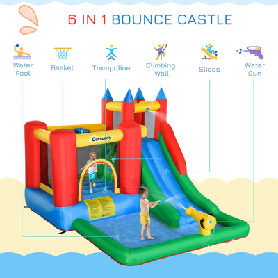 Outsunny Kids Inflatable Bouncy Castle Water Slide 6 in 1 Bounce House Jumping Castle Water Pool Gun Climbing Wall Basket for Summer Playland