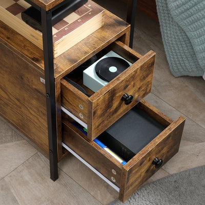 Side Table With 2 Drawers And Storage Shelf, Rustic Brown