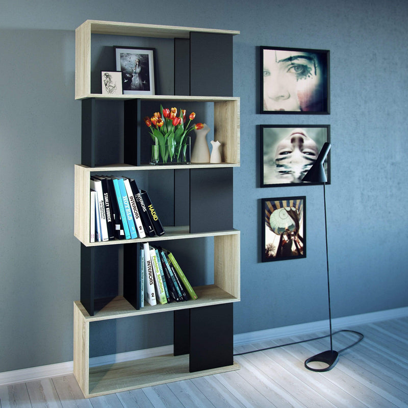 Maze Open Bookcase 4 Shelves in Oak and Black