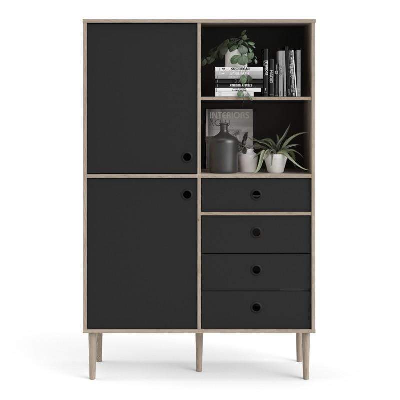 Rome Bookcase 2 Doors + 4 Drawers in Jackson Hickory Oak with Matt Black