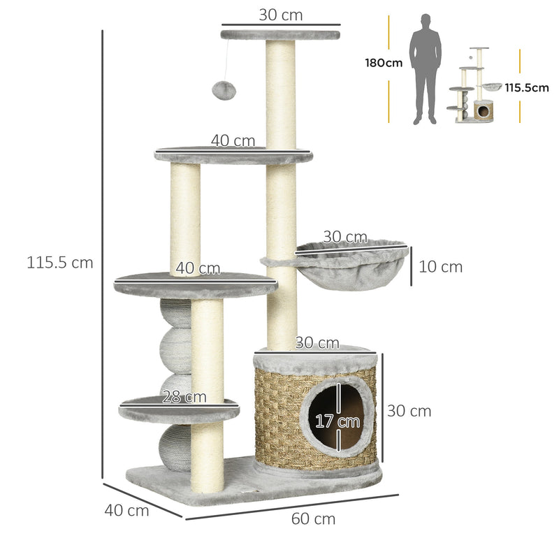 PawHut Cat Tree, 115cm Cat Climbing Tower, kitten Activity Centre with Fluffy House and Hammock, Jute Scratching Post and Hanging Ball, Light Grey