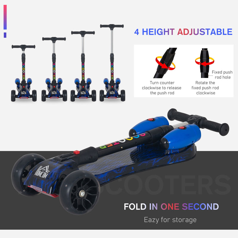 HOMCOM Kids 3 Wheel Kick Scooter Adjustable Height w/ Flashing Wheels Music Water Spray Foldable Design Cool On Off Road Vehicle Blue