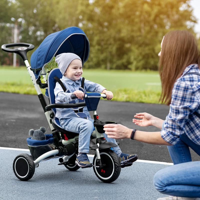 HOMCOM 7-in-1 Tricycle 3 Wheels Pedal Trike w/ Rotatable Seat and Safety Harness for Ages 12-50 Months Kids, Baby, Blue