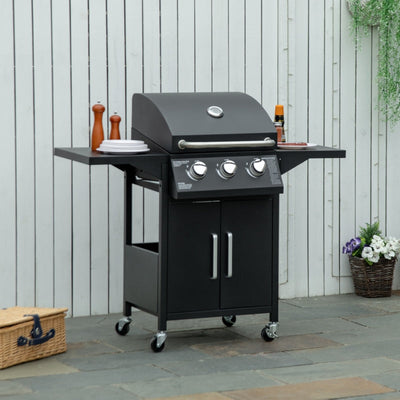 3 Burner Gas BBQ Grill Outdoor Portable Barbecue Trolley - Black