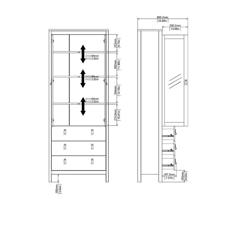 Madrid China Cabinet 2 Doors W/Glass + 3 Drawers In Matt Black