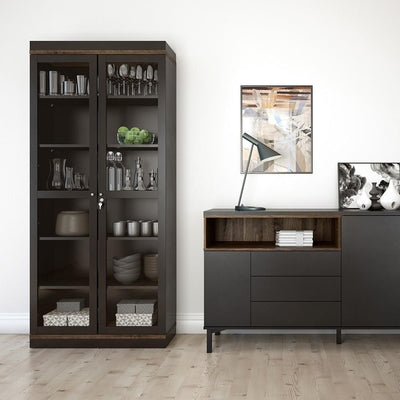 Roomers Display Cabinet Glazed 2 Doors in Black and Walnut Black and Walnut