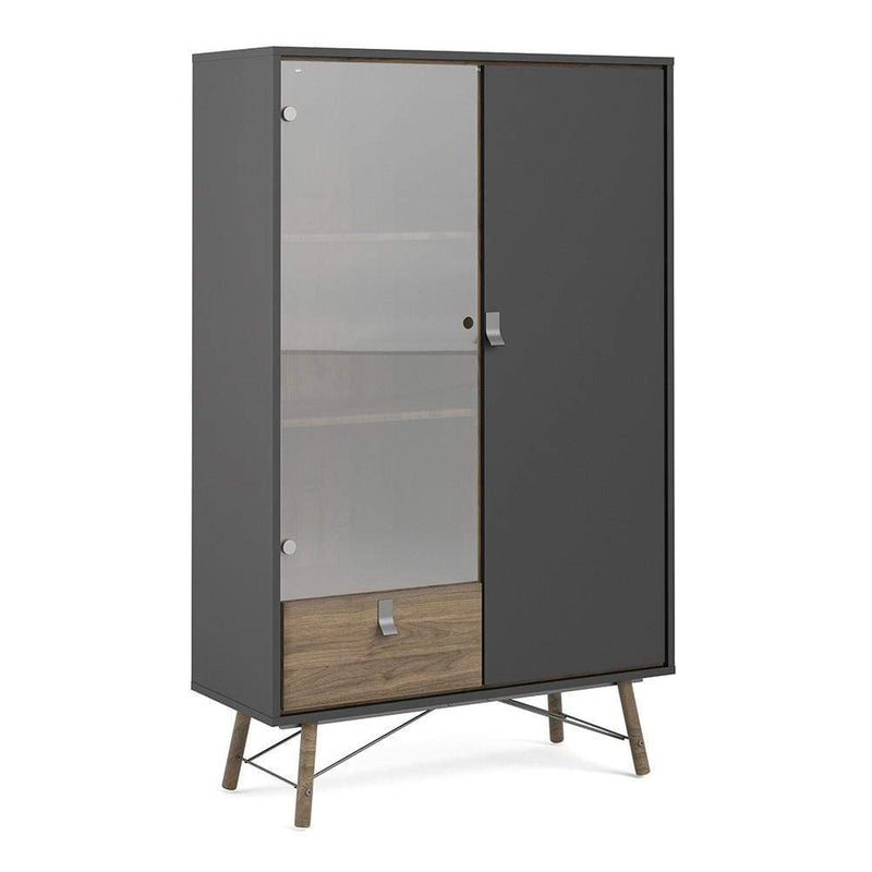 Ry China cabinet 1 door + 1 glass door + 1 drawer - Matt Black & Walnut