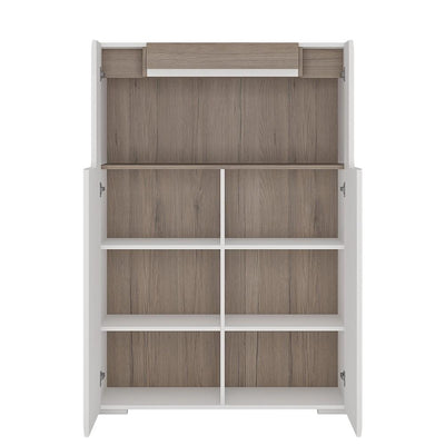 Toronto Low 2 Door cabinet with open shelf (inc Plexi Lighting) White High Gloss with San Remo Oak inset