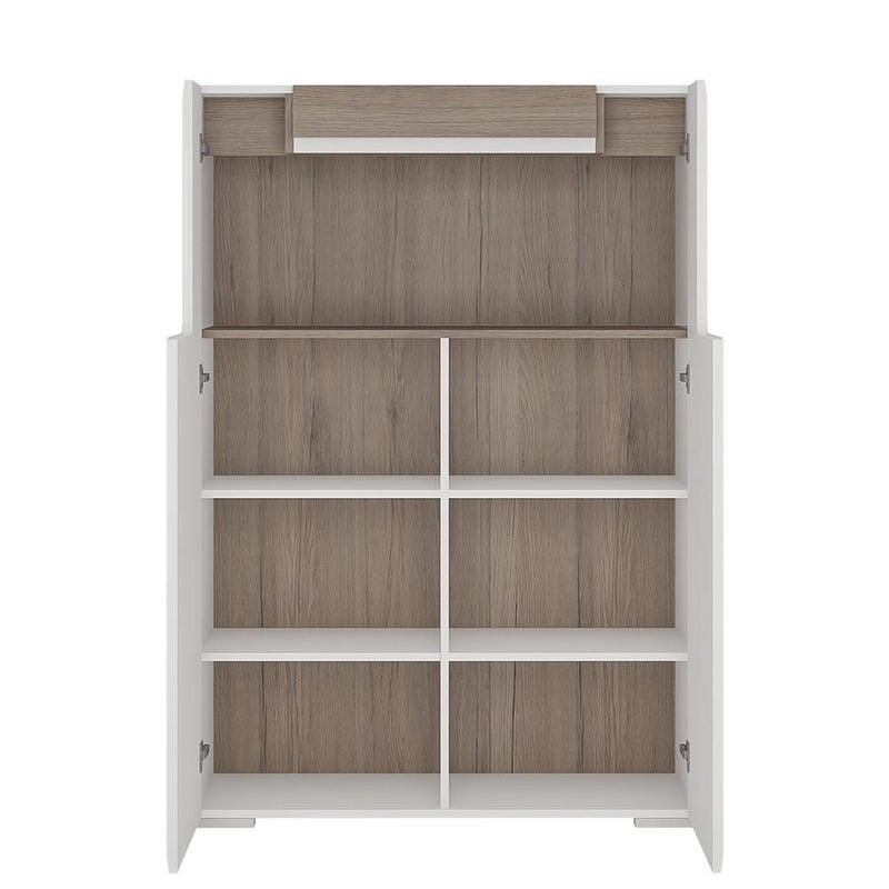 Toronto Low 2 Door cabinet with open shelf (inc Plexi Lighting) White High Gloss with San Remo Oak inset