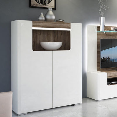 Toronto Low 2 Door cabinet with open shelf (inc Plexi Lighting) White High Gloss with San Remo Oak inset