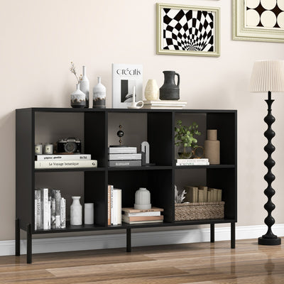 6-Cube Storage Bookcase Wooden Open Bookshelf with 5 Metal Legs-Black