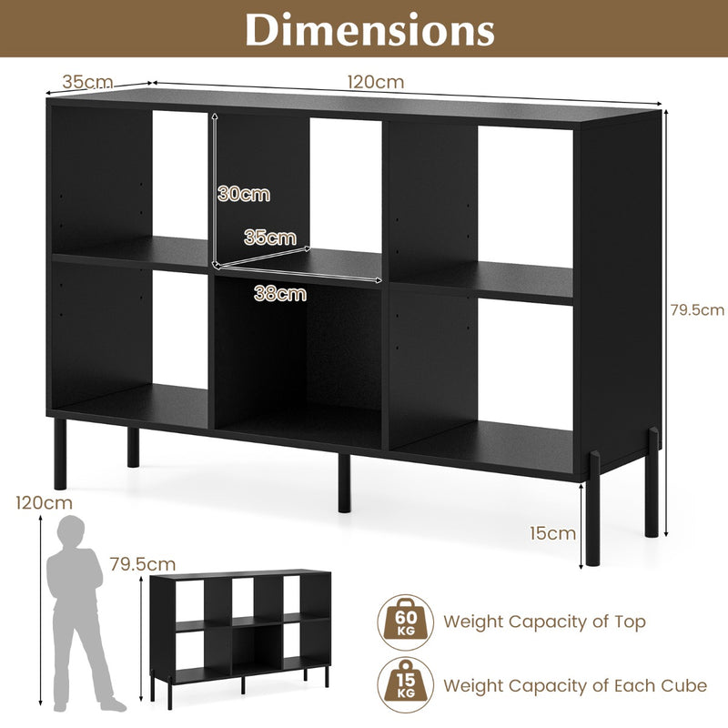 6-Cube Storage Bookcase Wooden Open Bookshelf with 5 Metal Legs-Black