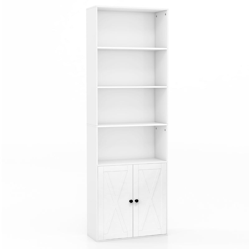 6-Tier Freestanding Bookcase with Farmhouse Style Cabinet Doors-White