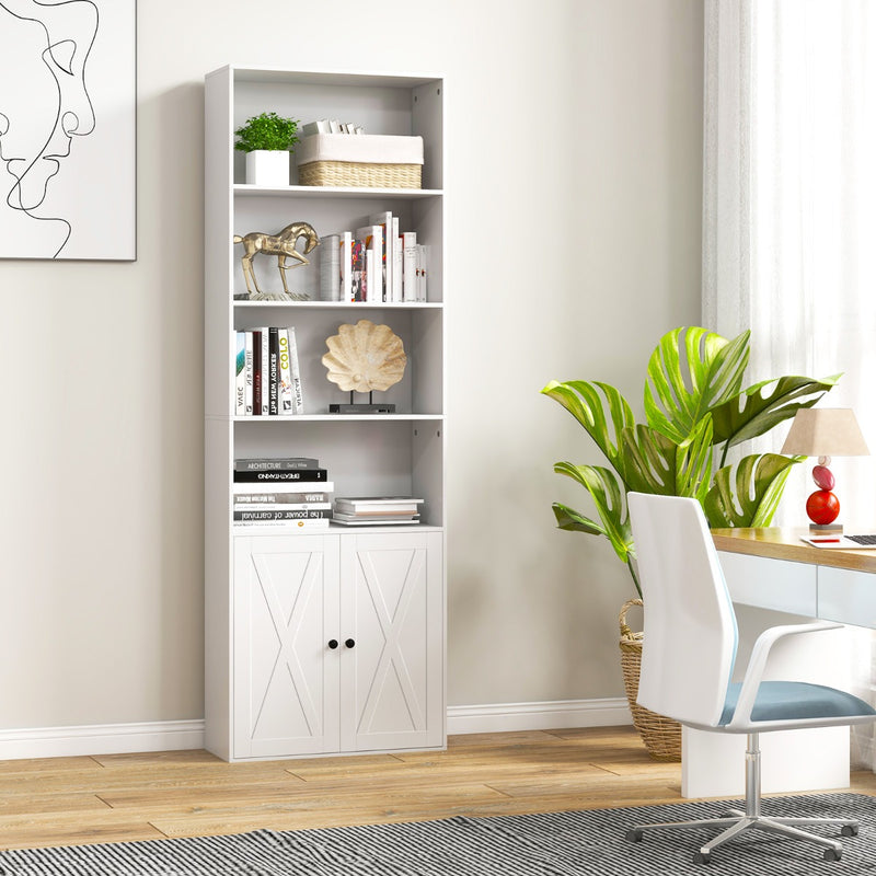 6-Tier Freestanding Bookcase with Farmhouse Style Cabinet Doors-White