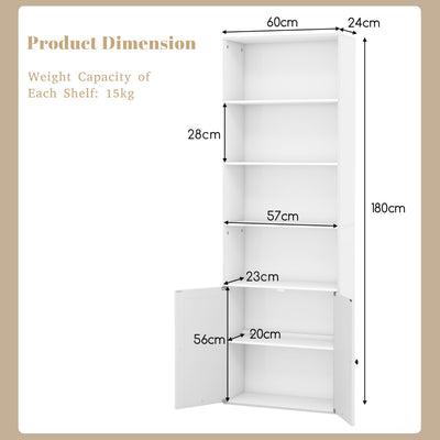 6-Tier Freestanding Bookcase with Farmhouse Style Cabinet Doors-White