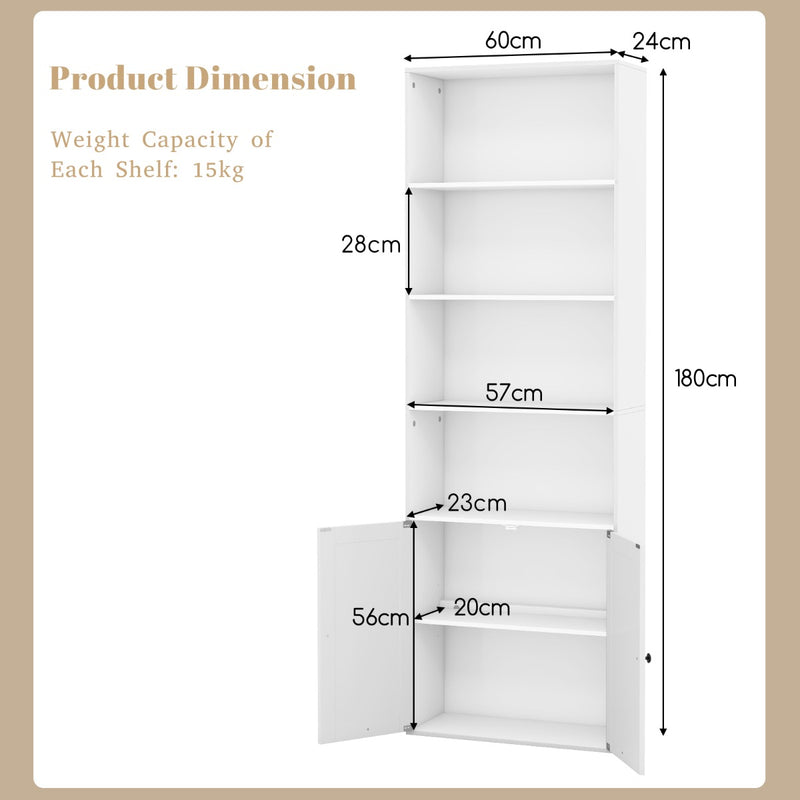 6-Tier Freestanding Bookcase with Farmhouse Style Cabinet Doors-White