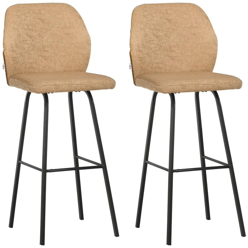 HOMCOM Bar Stools Set of 2, Linen-Touch Upholstered Bar Chairs, Kitchen Stools with Backs and Steel Legs, Light Brown