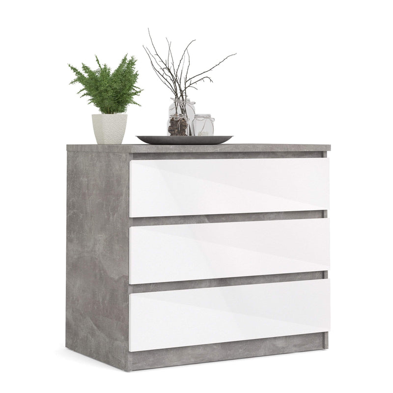 Naia Chest of 3 Drawers in Concrete and White High Gloss