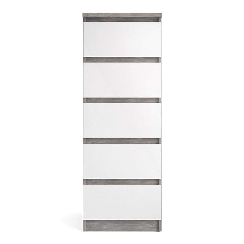 Naia Narrow Chest of 5 Drawers in Concrete and White High Gloss