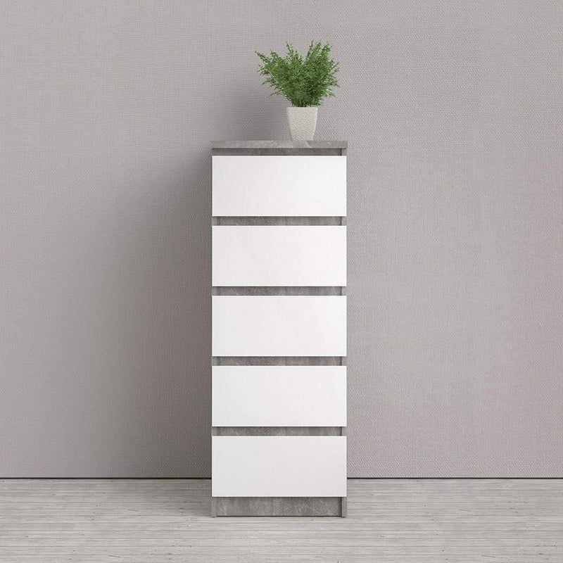 Naia Narrow Chest of 5 Drawers in Concrete and White High Gloss