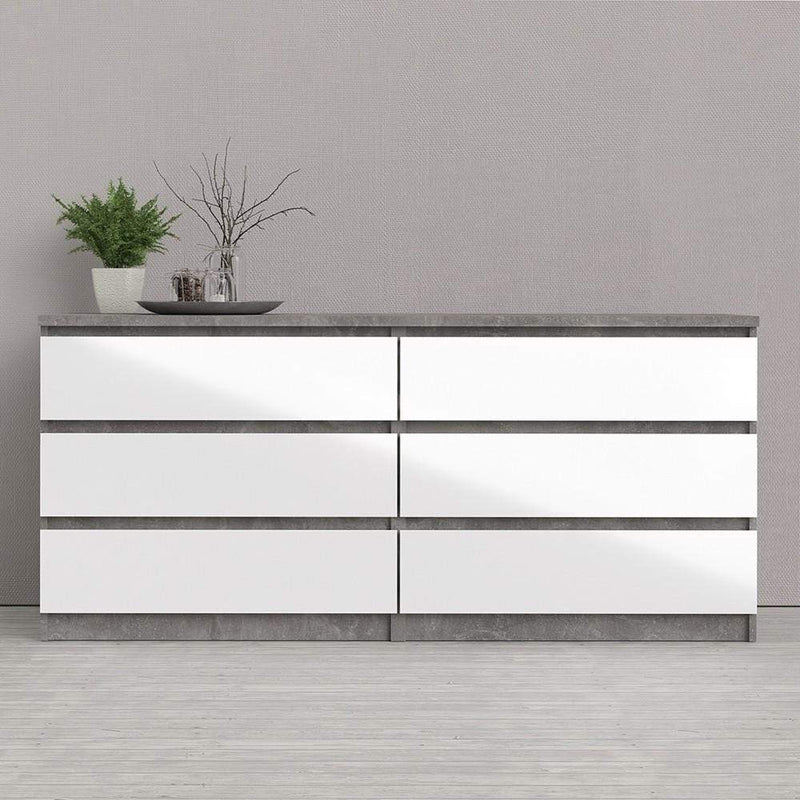 Naia Wide Chest of 6 Drawers (3+3) in Concrete and White High Gloss