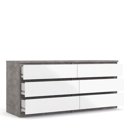 Naia Wide Chest of 6 Drawers (3+3) in Concrete and White High Gloss