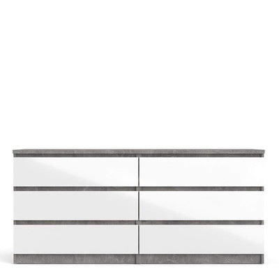 Naia Wide Chest of 6 Drawers (3+3) in Concrete and White High Gloss