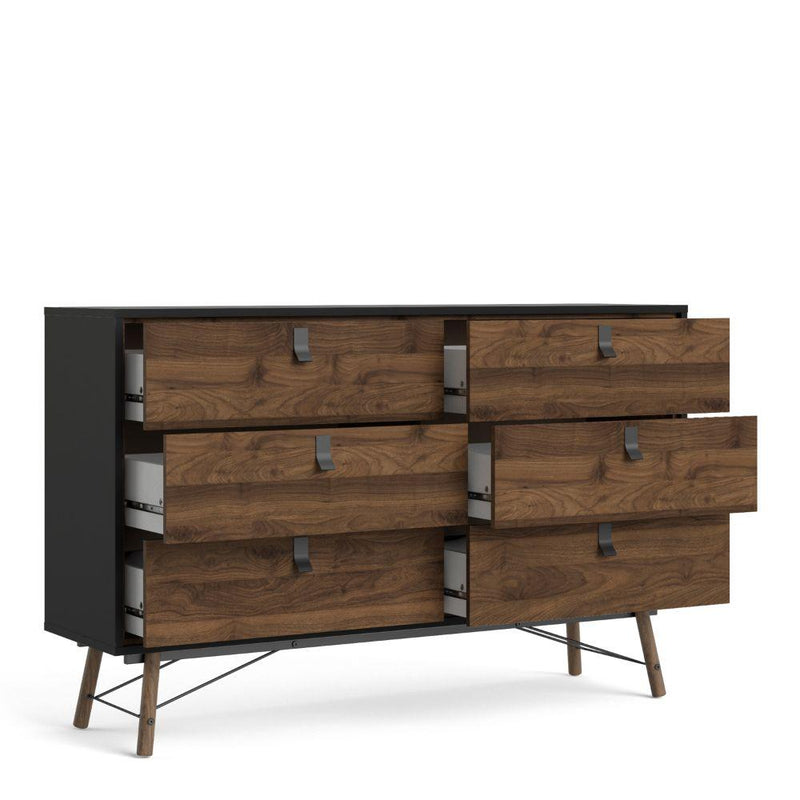 Ry Wide Double Chest Of Drawers 6 Drawers In Matt Black Walnut