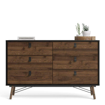 Ry Wide Double Chest Of Drawers 6 Drawers In Matt Black Walnut