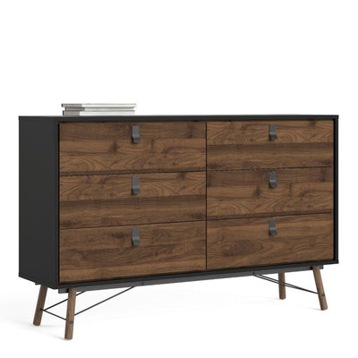 Ry Wide Double Chest Of Drawers 6 Drawers In Matt Black Walnut