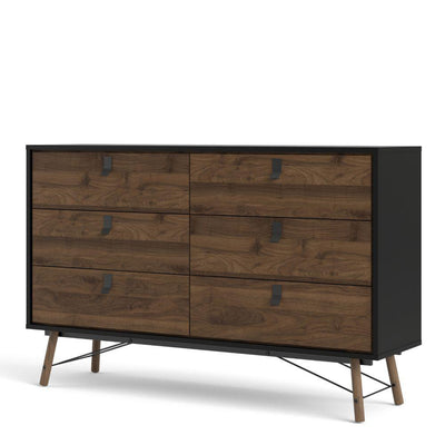 Ry Wide Double Chest Of Drawers 6 Drawers In Matt Black Walnut