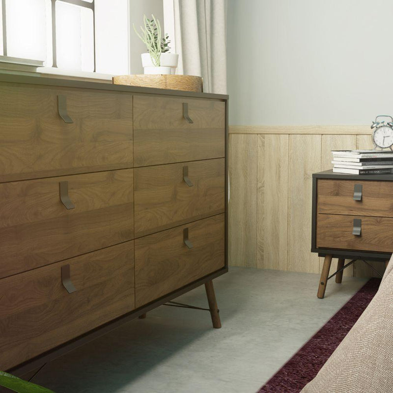 Ry Wide Double Chest Of Drawers 6 Drawers In Matt Black Walnut