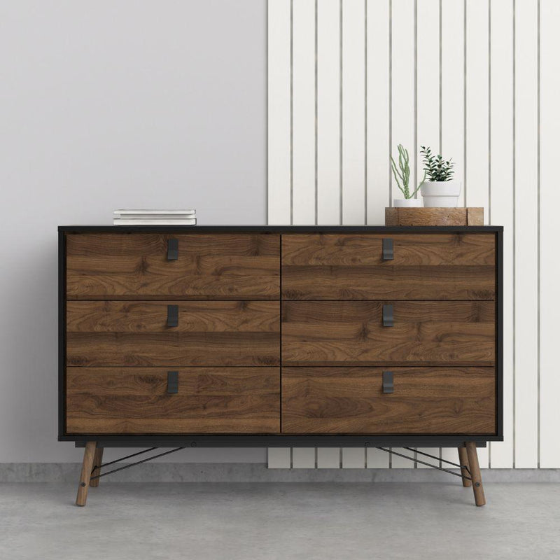 Ry Wide Double Chest Of Drawers 6 Drawers In Matt Black Walnut