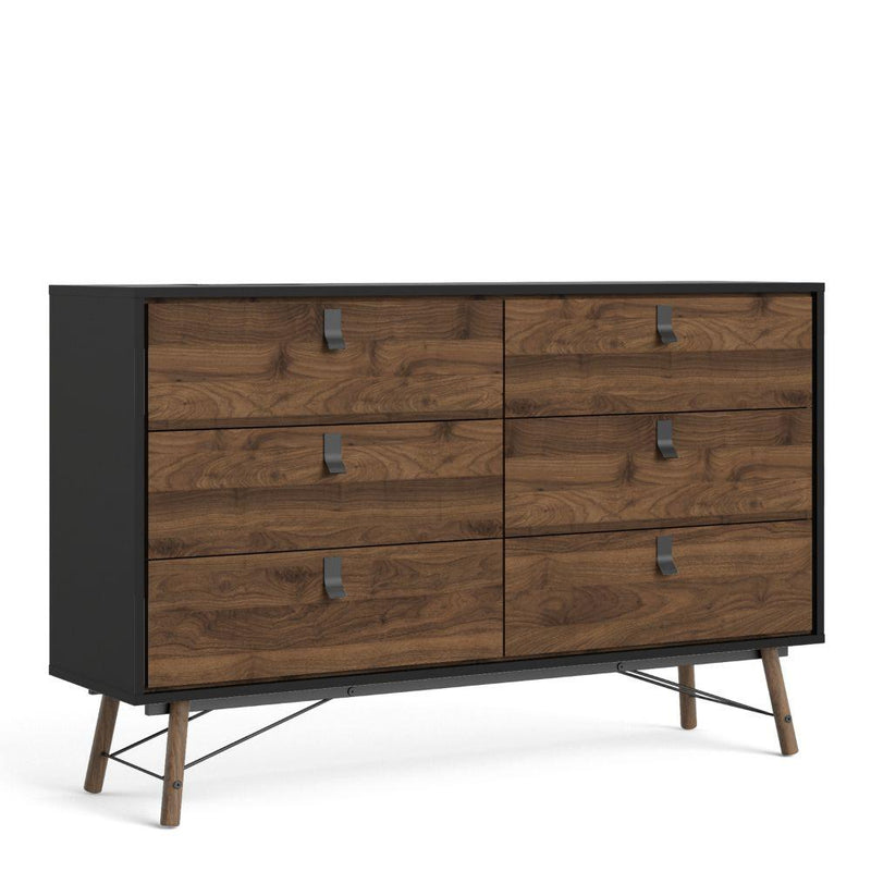 Ry Wide Double Chest Of Drawers 6 Drawers In Matt Black Walnut