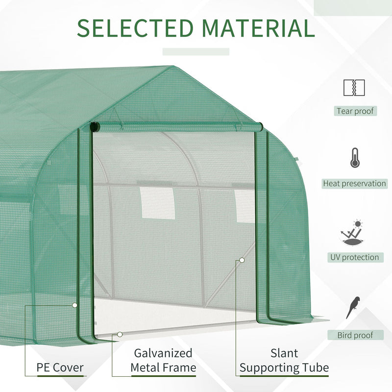 Outsunny Walk-in Polytunnel Garden Greenhouse, Outdoor Greenhouse with PE Cover, Zippered Roll Up Door and 6 Windows, 3.5 x 3 x 2m, Green