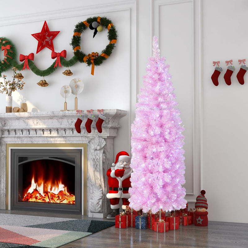 Árbol de Navidad fino de color rosa de 180 cm con 475 ramas y 250 luces LED de color blanco frío