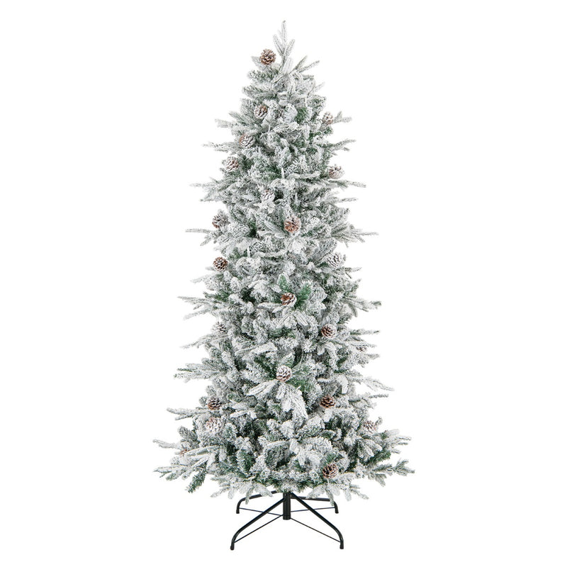 Árbol de Navidad artificial de 180 cm con puntas de ramas flocadas, piñas naturales y luces blancas cálidas