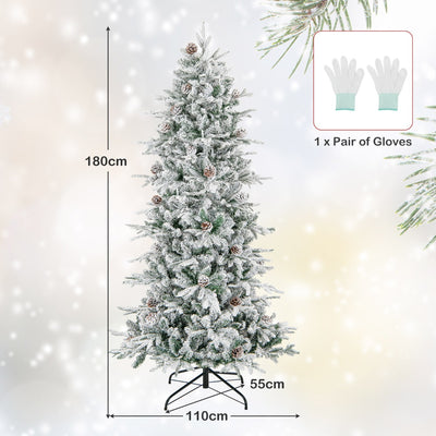 Árbol de Navidad artificial de 180 cm con puntas de ramas flocadas, piñas naturales y luces blancas cálidas