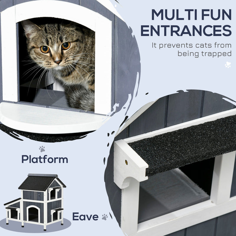 Casa para gatos de madera para exteriores PawHut con maceta, ventanas, varias entradas y techo resistente al agua, color gris