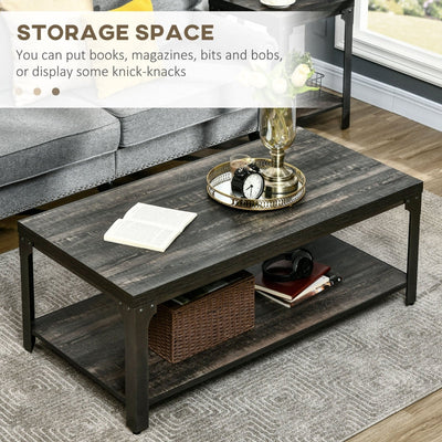 Rustic Coffee Table, Centre With Storage Shelf And Steel Frame