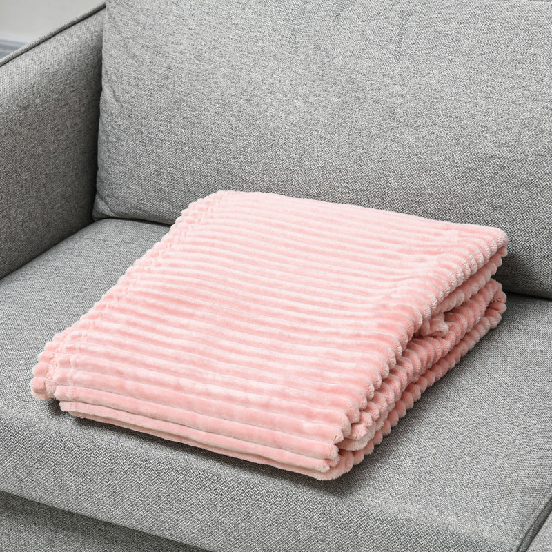 HOMCOM Flannel Fleece Blanket for Sofas, All-Season Fluffy Warm Throw Blanket for Bed, Couch, Chair, Striped Reversible Travel Bedspread, Double Size, 203 x 152cm, Pink