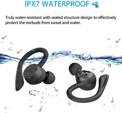 Sport Ergonomic Design Headphones APEKX True Wireless Bluetooth 5.1 Sports Earbuds, IPX7 Waterproof Stereo Sound, Built-in Mic Earphones,Supporting Wireless Charging(Black)