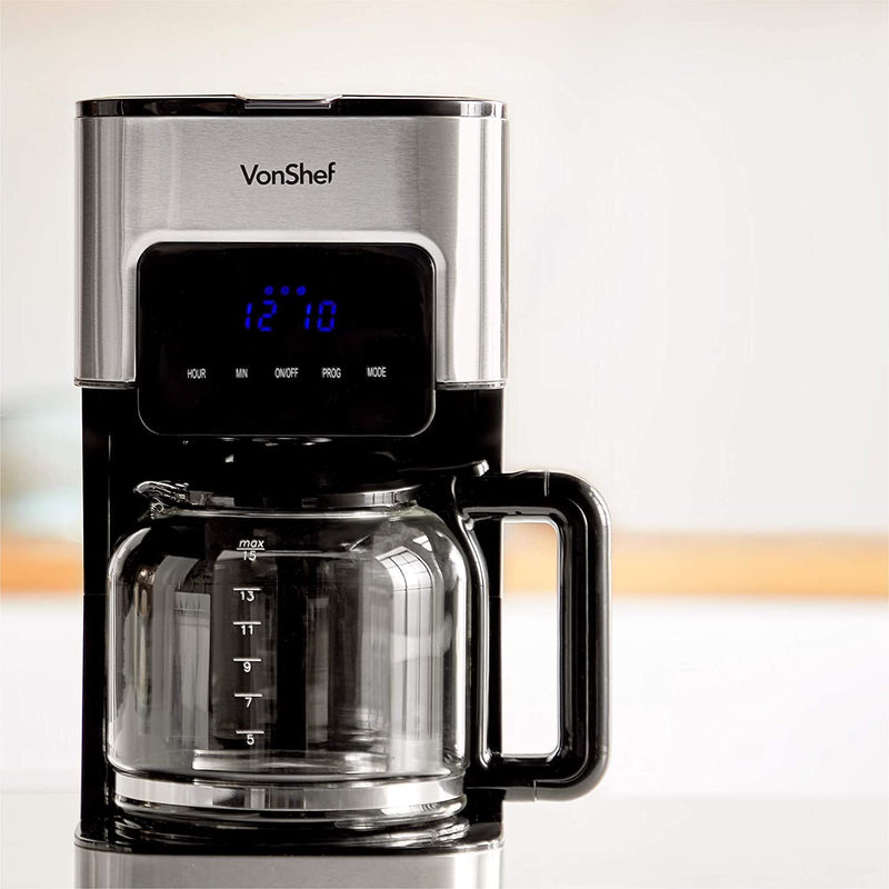VonShef Filter Coffee Machine, 1.5L Capacity Electric, Digital, Stainless Steel Coffee Maker for Up to 12 Cups