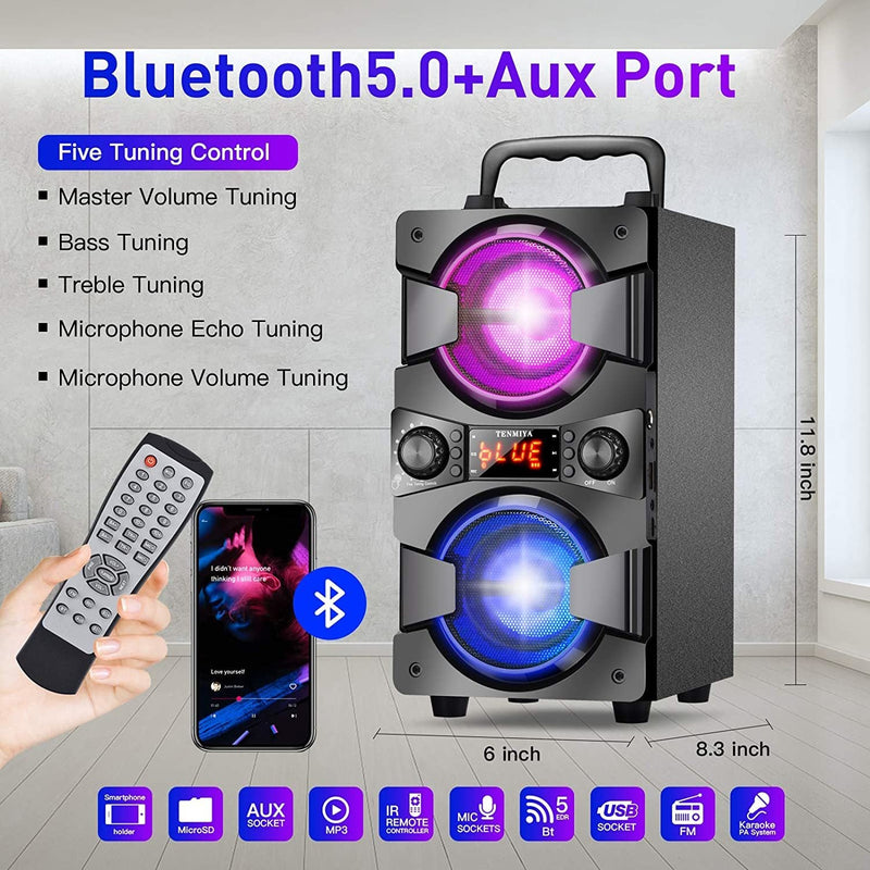 Bluetooth Speaker, 60W (80W Peak) Portable Wireless Speaker with Lights, Double Subwoofer Heavy Bass, FM Radio, Remote, Rich Stereo, Loud Speaker