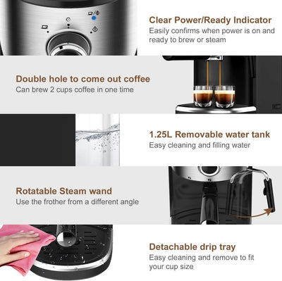 Bonsenkitchen Espresso Machine , With Foaming Milk Wand, 1450W High Performance 1.25 L Removable Water Tank For Espresso, Cappuccino, Latte, Machiato