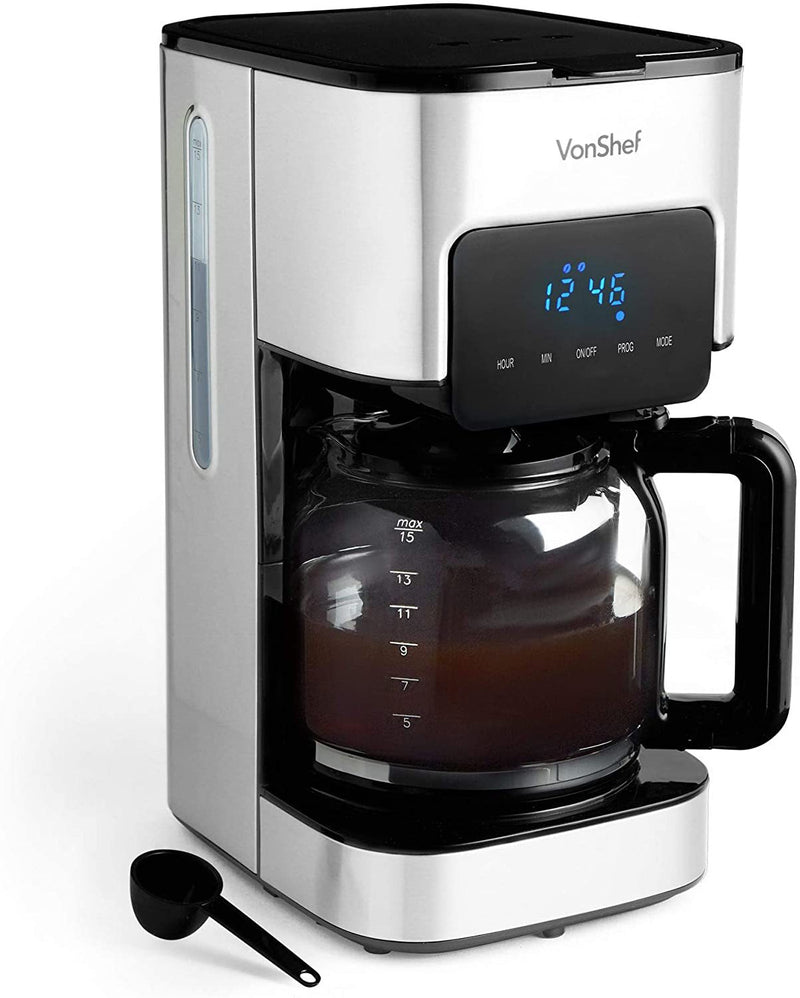 VonShef Filter Coffee Machine, 1.5L Capacity Electric, Digital, Stainless Steel Coffee Maker for Up to 12 Cups